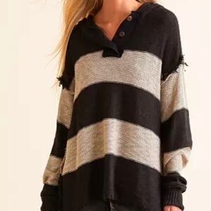 BKE Buckle Hooded Henley Sweater Black/Tan Size Medium NWT!